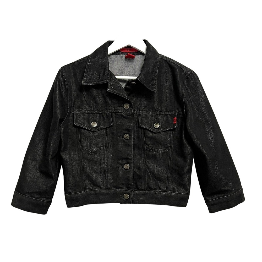 Bedo‎ Jacket Womens Medium Black Coated Denim Button Front Short Jean Trucker